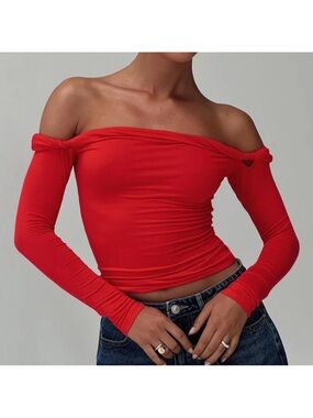 Princess Polly Off-Shoulder Long Sleeve Red Crop Top